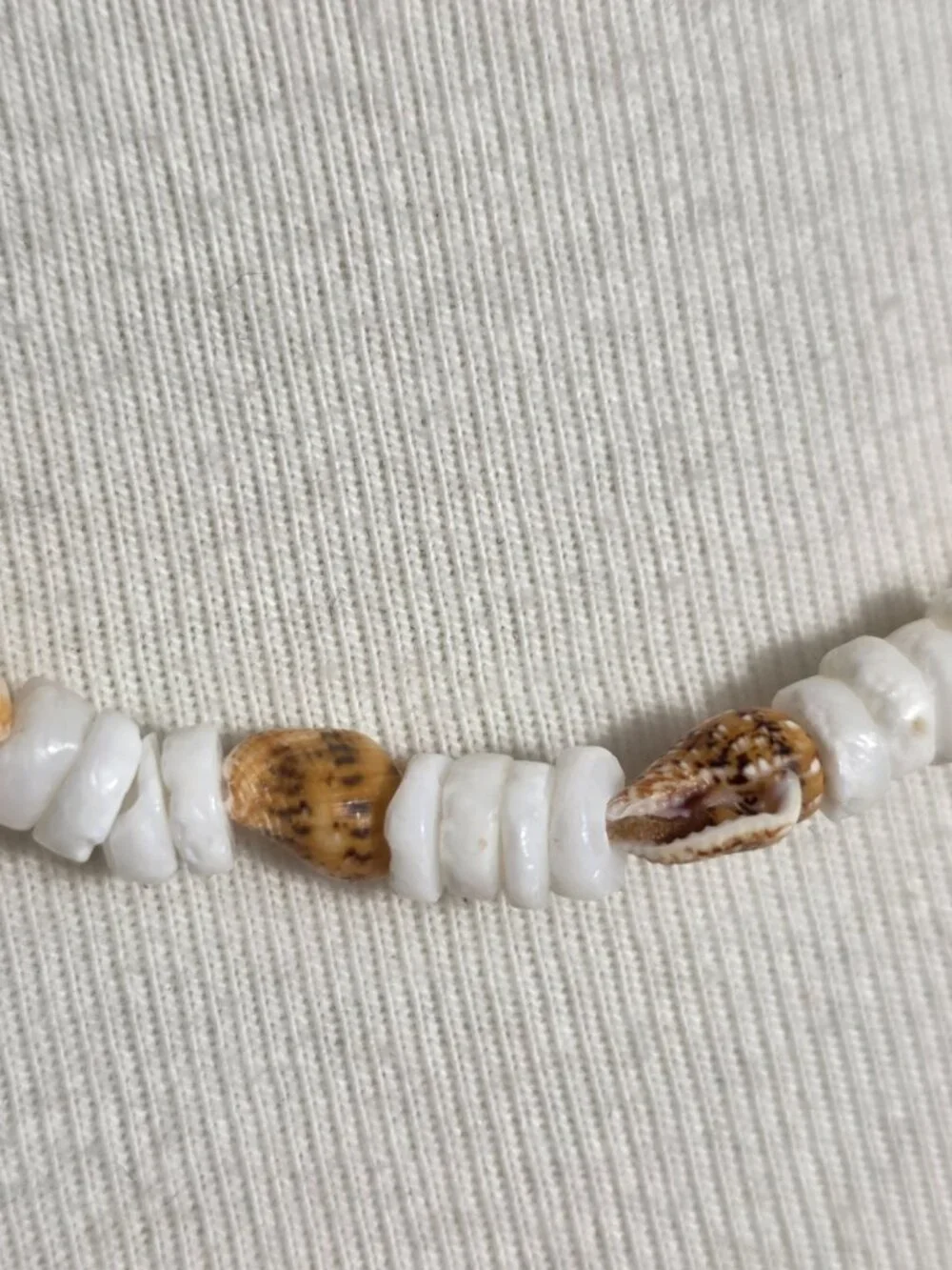 Bohemian-Style Necklace White Heishi Beads with Small Tan Seashell Spacers
